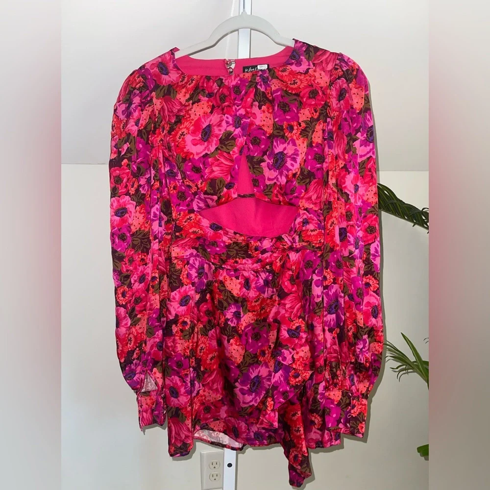 For Love & Lemons Lauren Long Sleeve‎ Mini Dress Size XS Hot Pink Floral - Picture 4 of 6